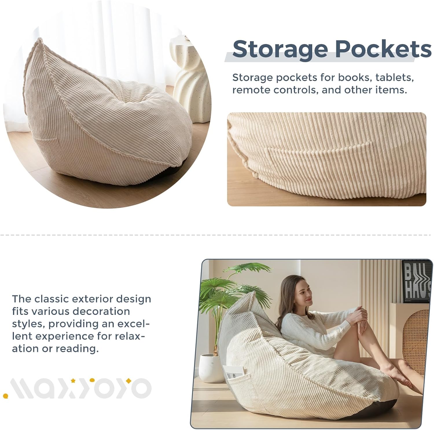 MAXYOYO Bean Bag Chairs for Adult, Giant Bean Bag Couch with Filler, Soft Lazy Sofa 43"x41"x35"