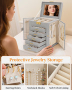 TORIBIO Large Jewelry Box for Women, Leather Jewelry Organizer with Mirror & Lock, 6-Tier Jewelry Storage Case for Girls/Women/Mothers, Necklace Earring Bracelets Holder Organizer