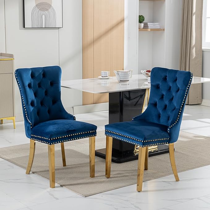 Mid Century Modern Dining Chairs Set of 4, Blue Velvet Upholstered Tufted Back, Kitchen & Dining Room Chairs, Gold Metal Legs, Nailhead Trim, Sillas para Comedor (Blue, 4 Pcs)