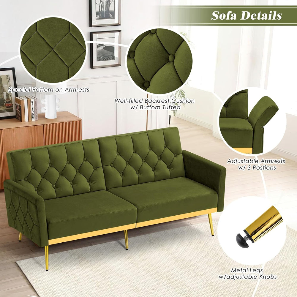 Velvet Sofa Set w/Adjustable Armrests & Backrests, Olive Green | Tufted A...