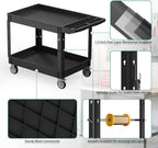 Heavy Duty Utility Rolling Tool Cart, 550 lbs Capacity Plastic Rolling Carts with 360°Swivel Wheels, 40 x 25 Inch Service Cart, 2 Shelf Work Cart for Warehouse,Garage, Cleaning, Black