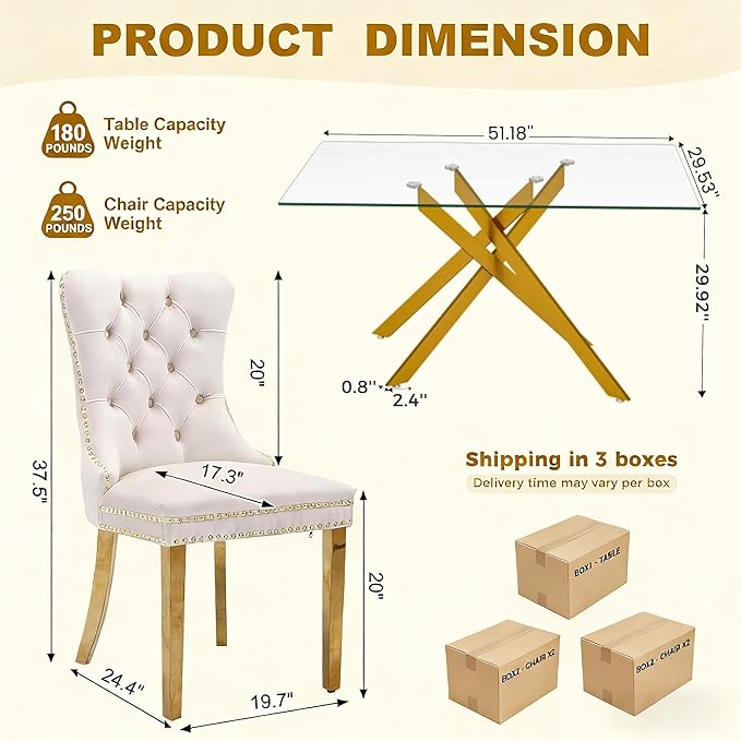 51 Inch Glass Dining Table Set for 4, Rectangular Glass Kitchen Table with 4 Upholstered Velvet Accent Chairs, 5 Piece Modern Dining Room Set, for Home, Apartment, Small Spaces - Beige Gold