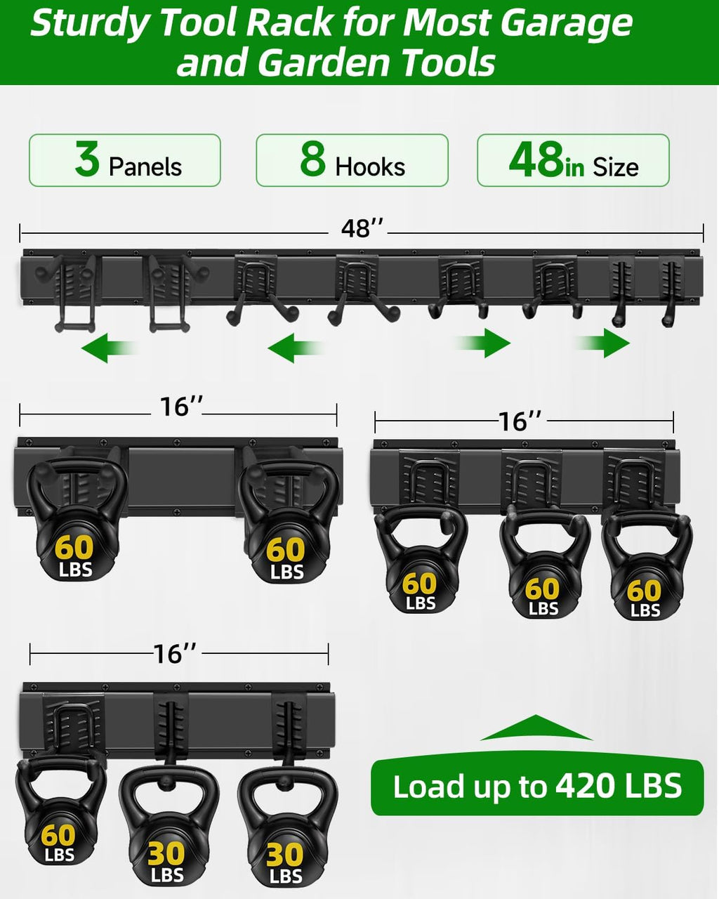 Garden Tool Organizer 48 in with 18 Garage Hooks, Heavy Duty Garage Wall Hooks for Hanging Ladder, Bike, Tool Storage Rack for Yard Tools, Shovel, Shed (23 Pack)