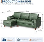 GarveeHome 88.9" L-Shape Sofa&Couch with Convertible Chaise, Sectional Sofa with Deep Seat, Modern Mid-Century Sofa for Living Room, 3 Seat Comfy Leather Couch, Green
