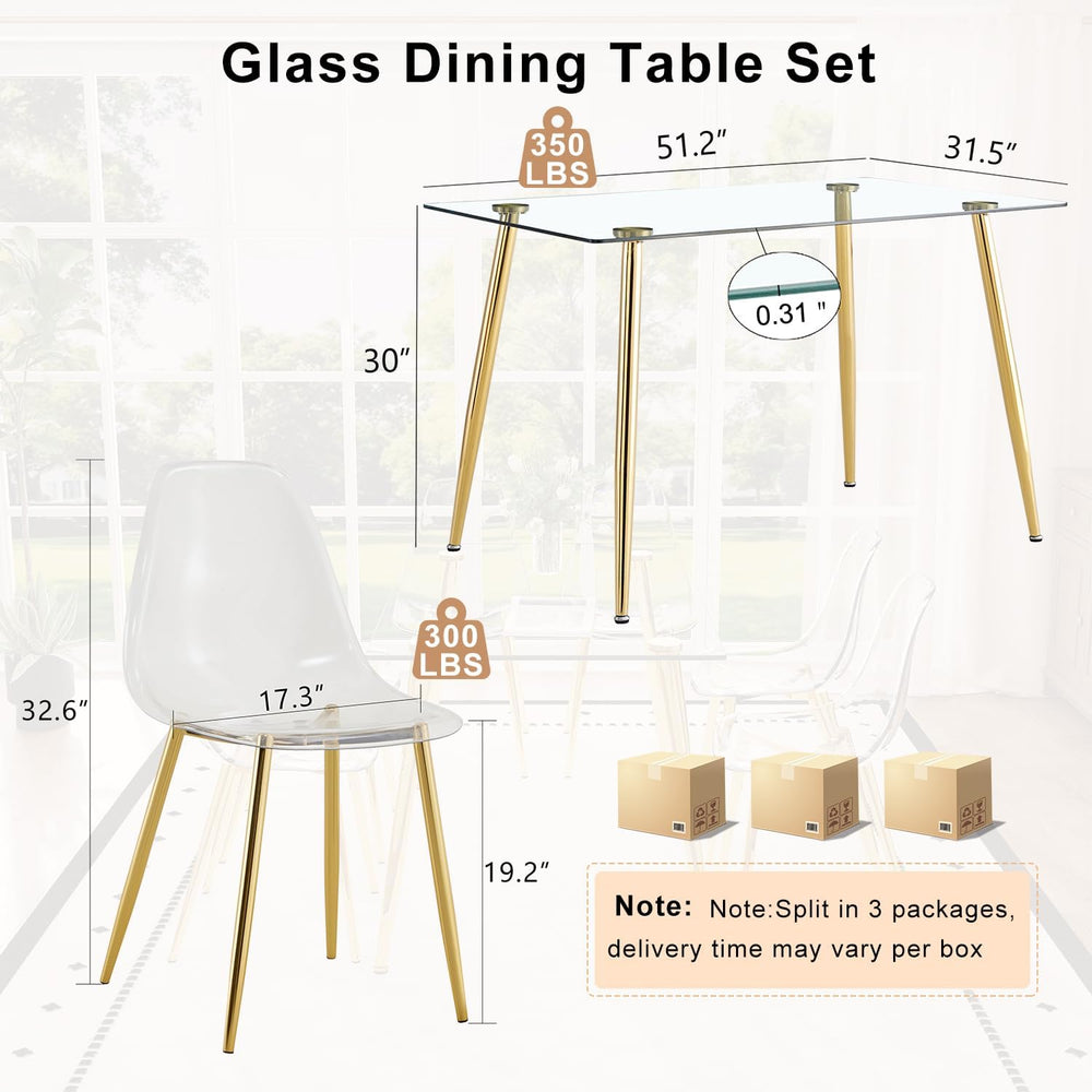 Ebullient Glass Dining Table Set for 4, 51" Clear Tempered Glass Tableto...