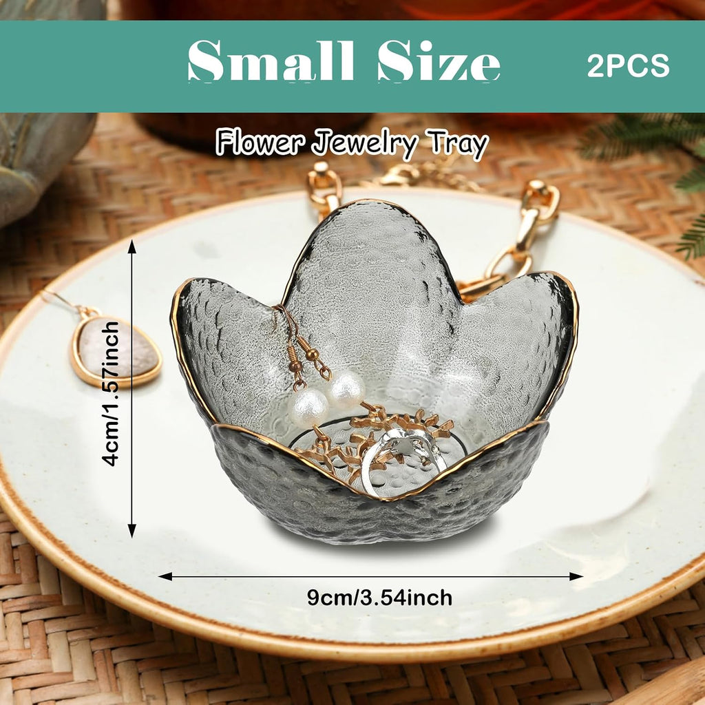 2Pcs Flower Shape Jewelry Tray, 3.5in Small Glass Jewelry Dish, Room Aesthetic Ring Dish, Engagement Ring Holder for Women, Bathroom Trinket Tray for Rings Earring Wife Mom Daughter Gift (White, Grey)