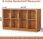 8 Cube Storage Book Shelf, 52" Long Horizontal Bookshelf with Curved Edge, Floor Standing Wooden Cubby Bookcase with Base, Low Modern Console Book Case, TV Stand for Living Room, Brown