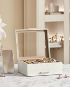 SONGMICS Jewelry Box Organizer with Glass Lid, 2-Layer Jewelry Storage, with 1 Drawer, Modern Style,Christmas Gift, 8 x 9.1 x 4.1 Inches, Cloud White and Gold Color UJBC174W01