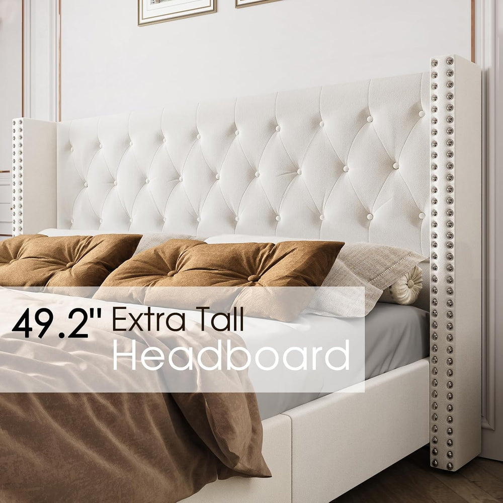 PaPaJet King Velvet Bed Frame with 49.2" Tall Wingback Headboard, Cream
