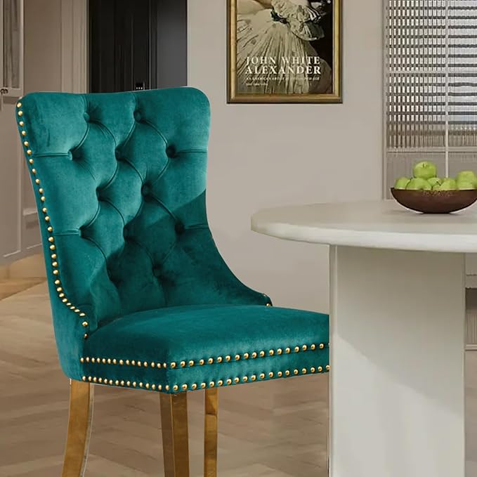 Velvet Upholstered Dining Chairs Set of 2, Modern Style Kitchen Side Chairs with Nailhead Trim and Gold Plated Leg, Metal Pulling Ring for Dining Room Living Room(Green,Set of 2)