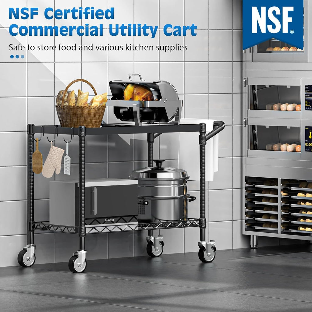Leteuke 2 Tier Utility Cart with Wheels, NSF Certified 900LBS Capacity Heavy Duty Rolling Utility Carts with Handle Bar, Commercial Grade Metal Serving Storage Cart for Warehouse Garage Kitchen, Black