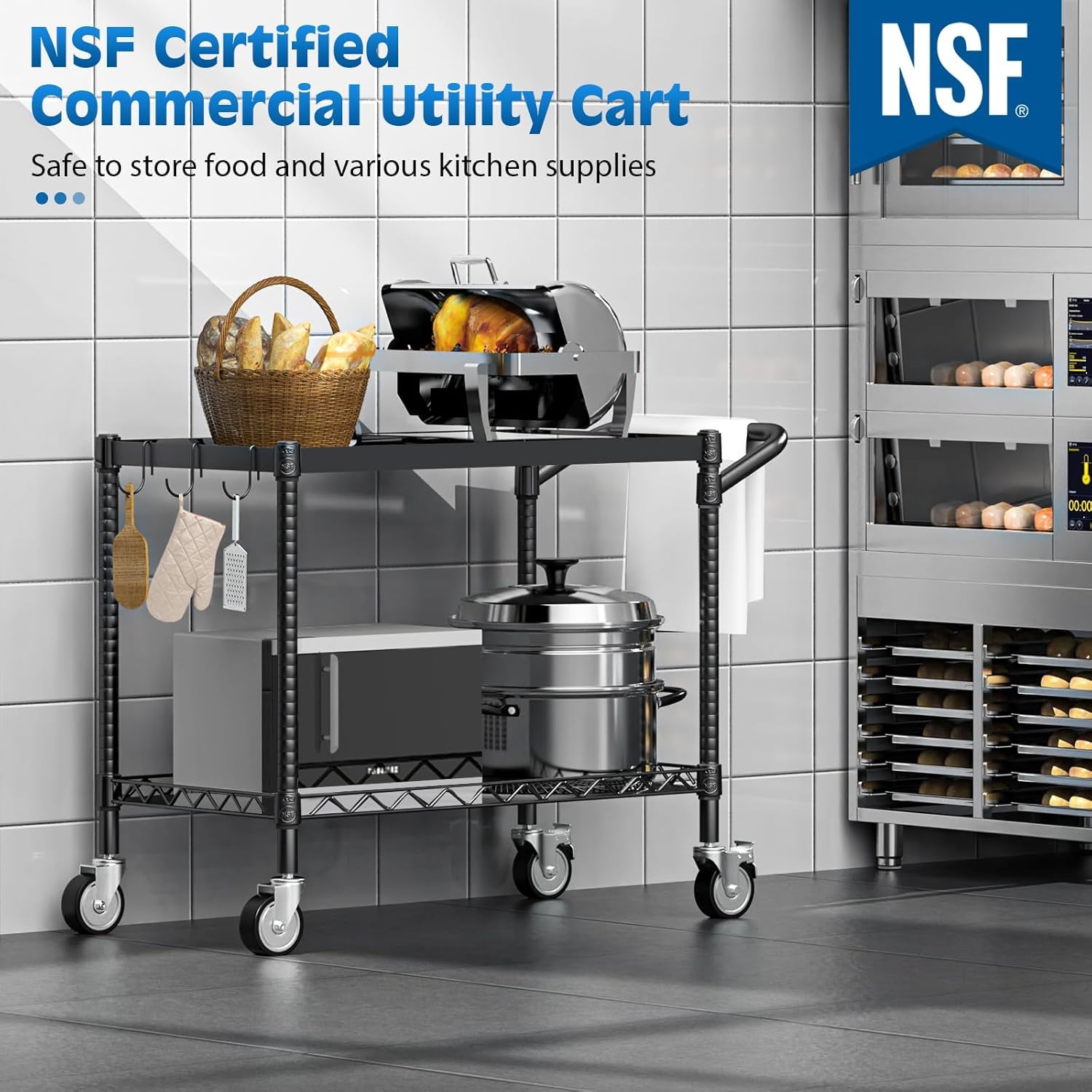 Leteuke 2 Tier Utility Cart with Wheels, NSF Certified 900LBS Capacity Heavy Duty Rolling Utility Carts with Handle Bar, Commercial Grade Metal Serving Storage Cart for Warehouse Garage Kitchen, Black
