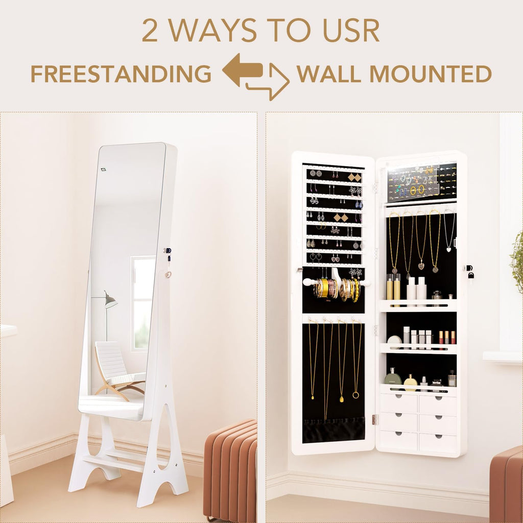 Full Length Mirror Jewelry Armoire Cabinet Standing Organizer | Lockable Jewelry Storage for Women Girl Full-Length Frameless LED Lights 6 Drawers White