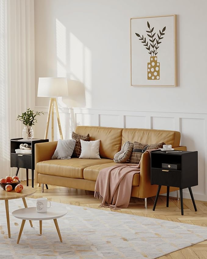 Black Nightstand,Modern Bedside Table with Storage Drawer and Open Wood Shelf...