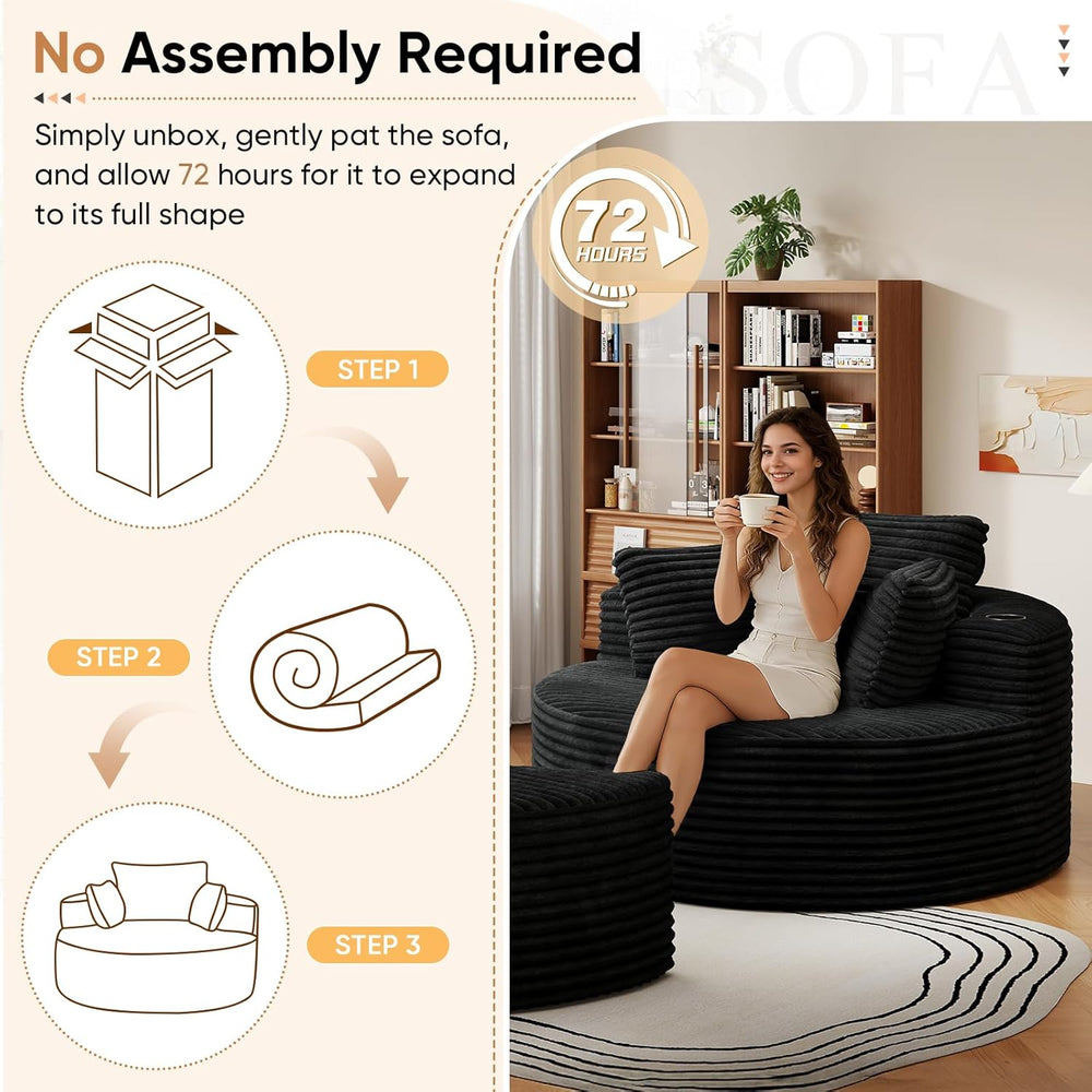 Oversized Round Chaise Longue Chair with Ottoman, Modern Corduroy Deep Seat C...