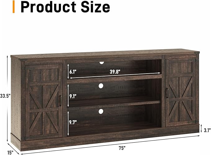 75" Farmhouse TV Stand with Power Outlets for 85 Inch TVs, 33" Tall Entertainment Center with Storage Cabinets w/Adjustable Shelves, Rustic Large TV Media Console, Brown