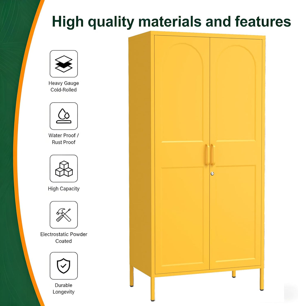 67 Inch Lockable Yellow Steel Wardrobe Storage Cabinet, Freestanding Metal Ar...