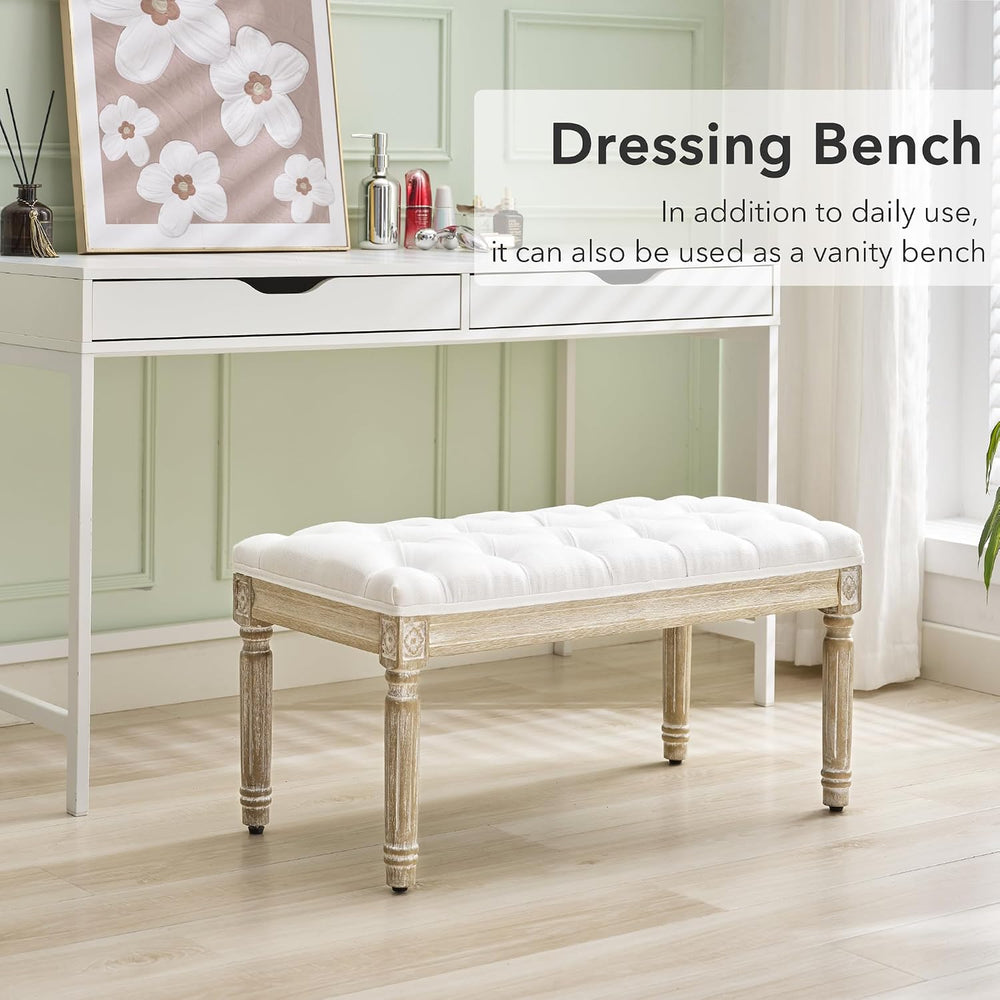 LOULENS French Vintage Bench, Linen Fabric Entryway Bench, Upholstered Tufted...