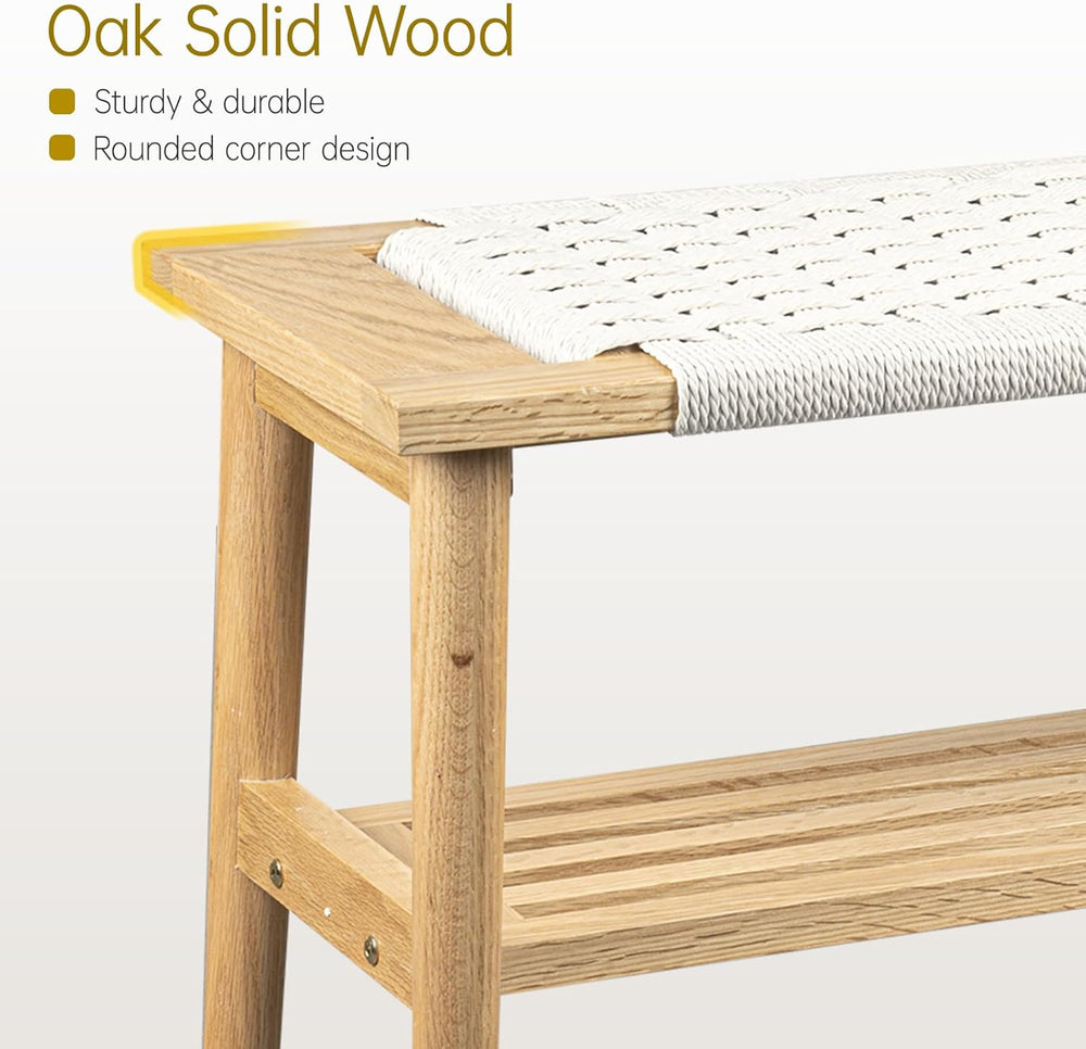 Solid Wood Narrow Bench with Storage, 33.46" Woven Bench for Entryway an...