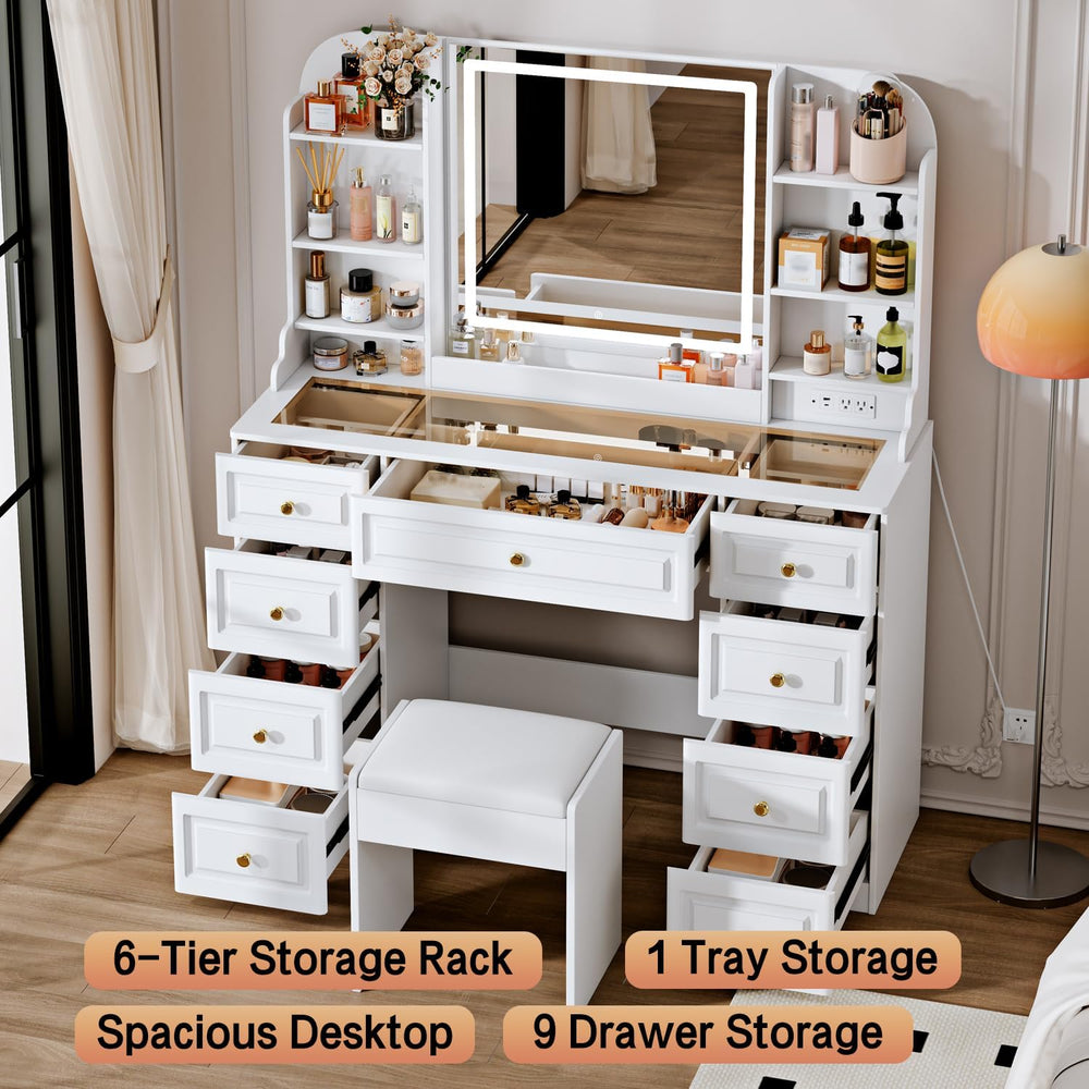 Arulvmrn 43" Makeup Vanity Desk with Mirror and Lights, & Power Outl...