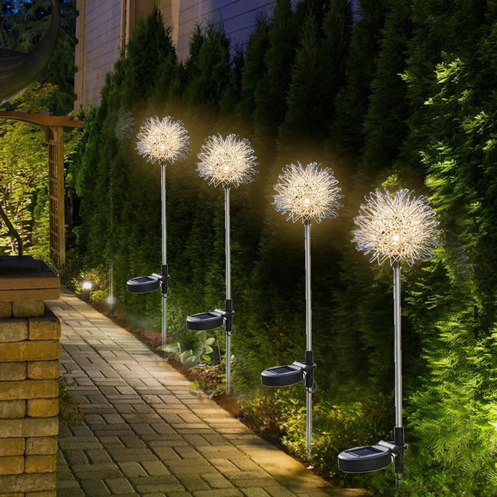 GUOCHENG Dandelion Solar Garden Lights, 4 Pack Solar Metal Dandelion Light