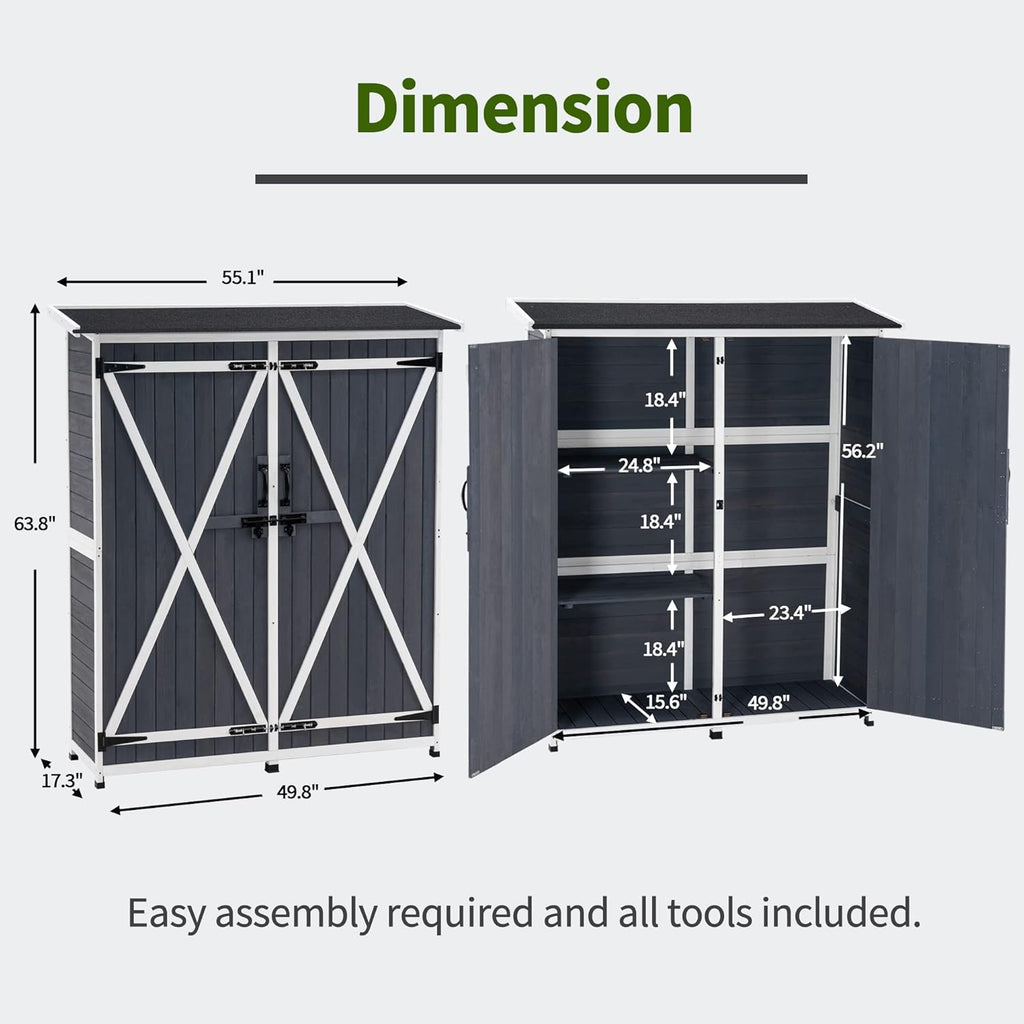 MCombo Outdoor Storage Cabinet with Shelves, Wood Garden Shed with Floor, Outside Tool Shed with 2 Lockable Doors for Backyard Patio Lawn, 1400 (Gray)