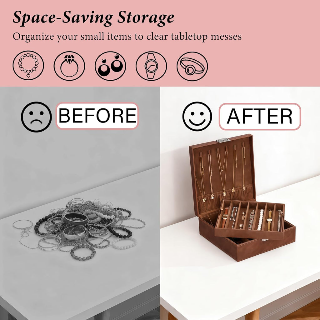BEWISHOME Necklace Organizer Box, 2-Layer Jewelry Box to Save Space, Modern Style Necklace Storage Box, Brown Necklace and Bracelet Holder for Women, Girls, SSH31Z