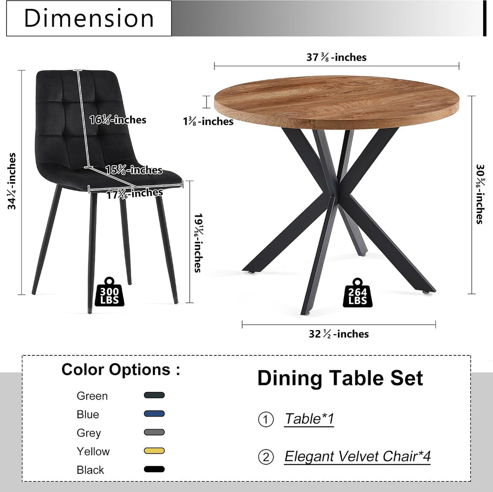 5-Piece Round Dining Table Set - Kitchen Table Chairs Set of 4 with Black Vel...