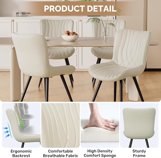 Dining Chair Set of 6 PU Leather Dining Room Chairs Upholstered Comfy Dining Chairs Modern Kitchen Armless Side Chair with Sturdy Metal Legs,Beige