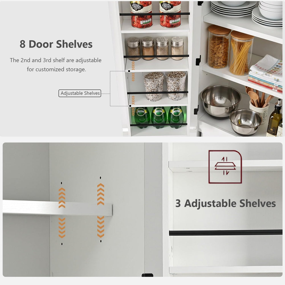 LUMISOL Tall Farmhouse Kitchen Pantry Cabinet with 8 Door Shelves, Curved Des...