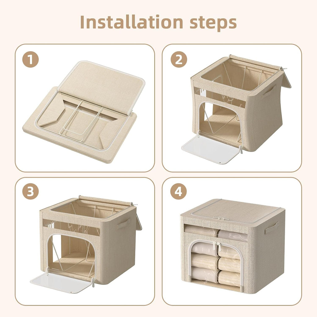 FHSQX 6 Pack Foldable Storage Bins for Clothes Clothes Storage Bins with Metal Frame Stackable Storage Box with Lid (Beige, 16.5x12.2x12.2 inch (40L))