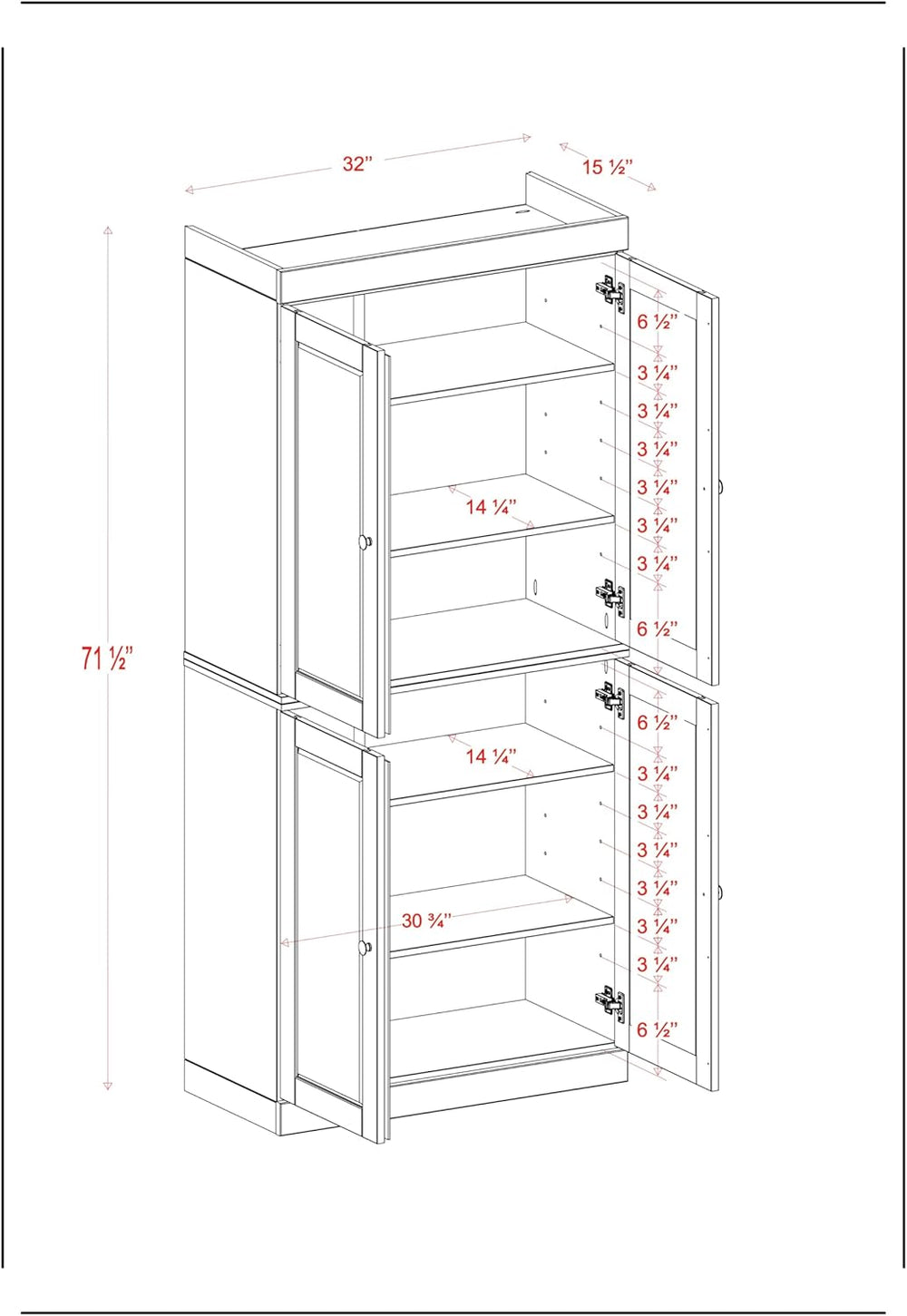 Palace Imports Solid Wood Kitchen Pantry Cabinet - 71.5" Tall x 32"...