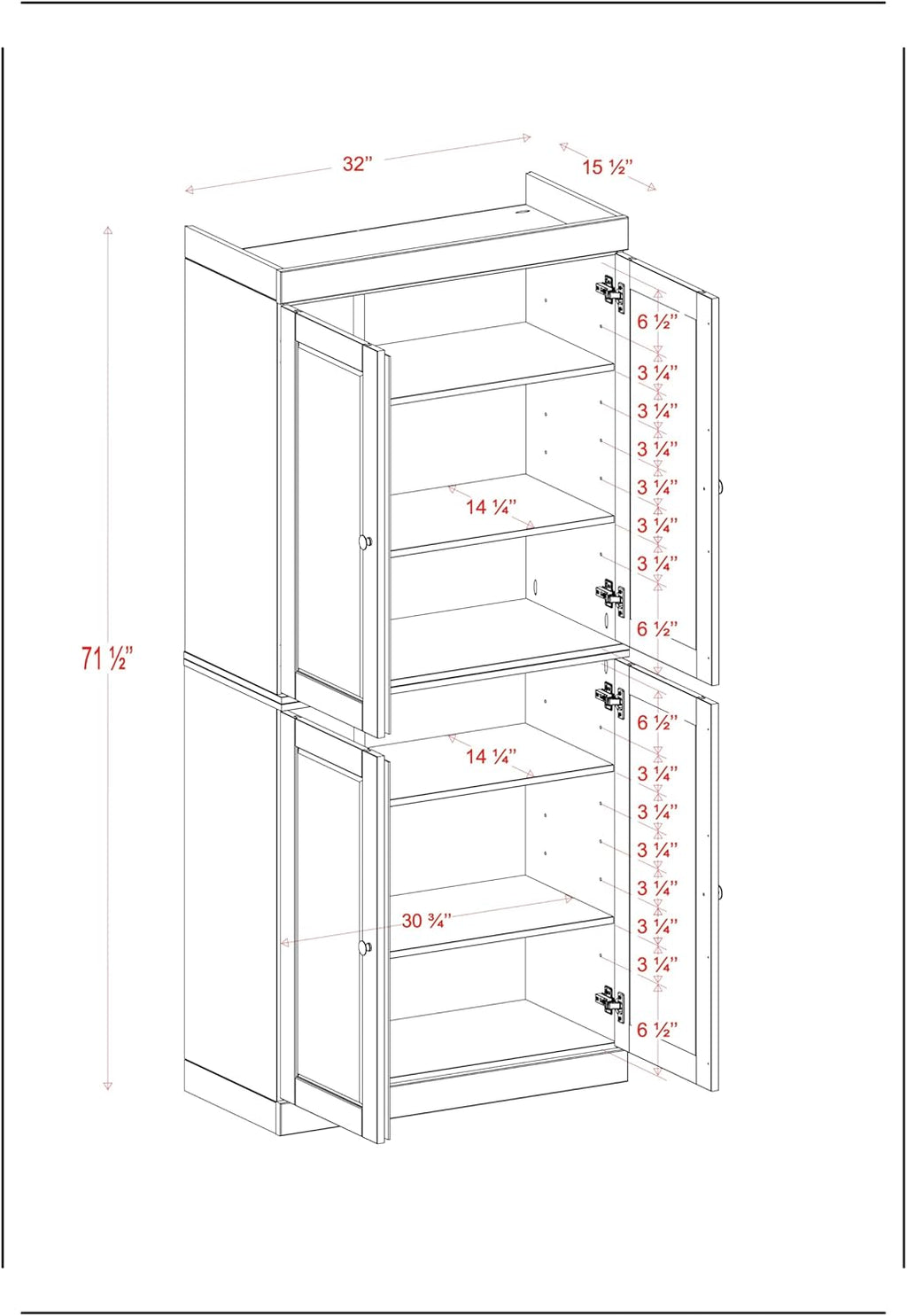 Palace Imports Solid Wood Kitchen Pantry Cabinet - 71.5" Tall x 32" Wide - Wooden Storage Cabinet w/ 4 Shaker Doors & 4 Adjustable Shelves, Teal Blue, 100% Renewable Eco-Friendly Wood, Made in Brazil