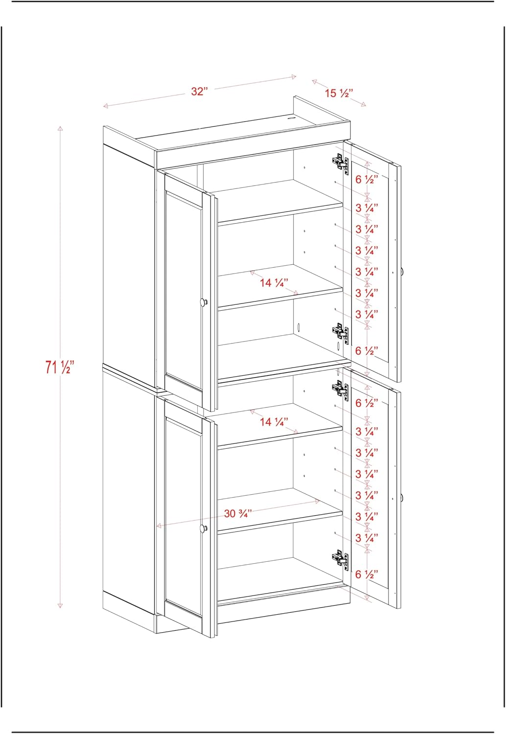 Palace Imports Solid Wood Kitchen Pantry Cabinet - 71.5" Tall x 32" Wide - Wooden Storage Cabinet with 4 Shaker Doors & 4 Adjustable Shelves, Green, 100% Renewable Eco-Friendly Wood, Made in Brazil