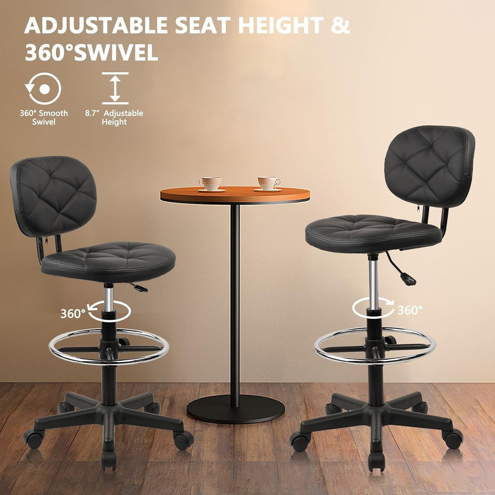 KLASIKA PU Leather Rolling Stools with Foot Rest and Back Support, Adjustable...