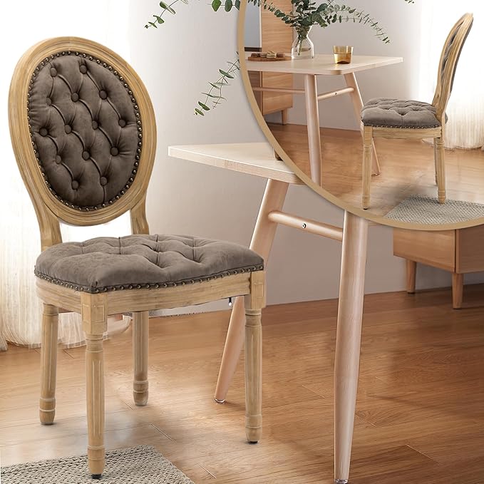 PU Leather Upholstered Dining Chairs Set of 6 French Country Round Back Kitchen Side Chairs with Nailhead Trim and Wood Legs for Dining Room, Kitchen, Restaurant(Brown)