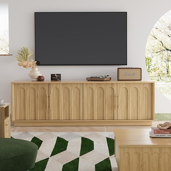 TV Stand for 75 Inch TV, Mid Century Modern TV Stand with Arched Design, Wood Grain Finish, Boho Media Console with Adjustable Shelves, 67" Entertainment Center for Living Room Bedroom, Oak