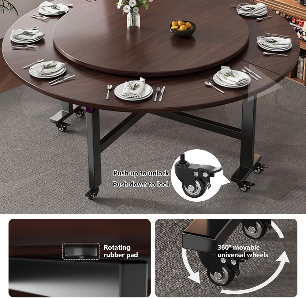Round Drop Leaf Kitchen Dining Table with Wheels,Extendable Butterfly Table w...