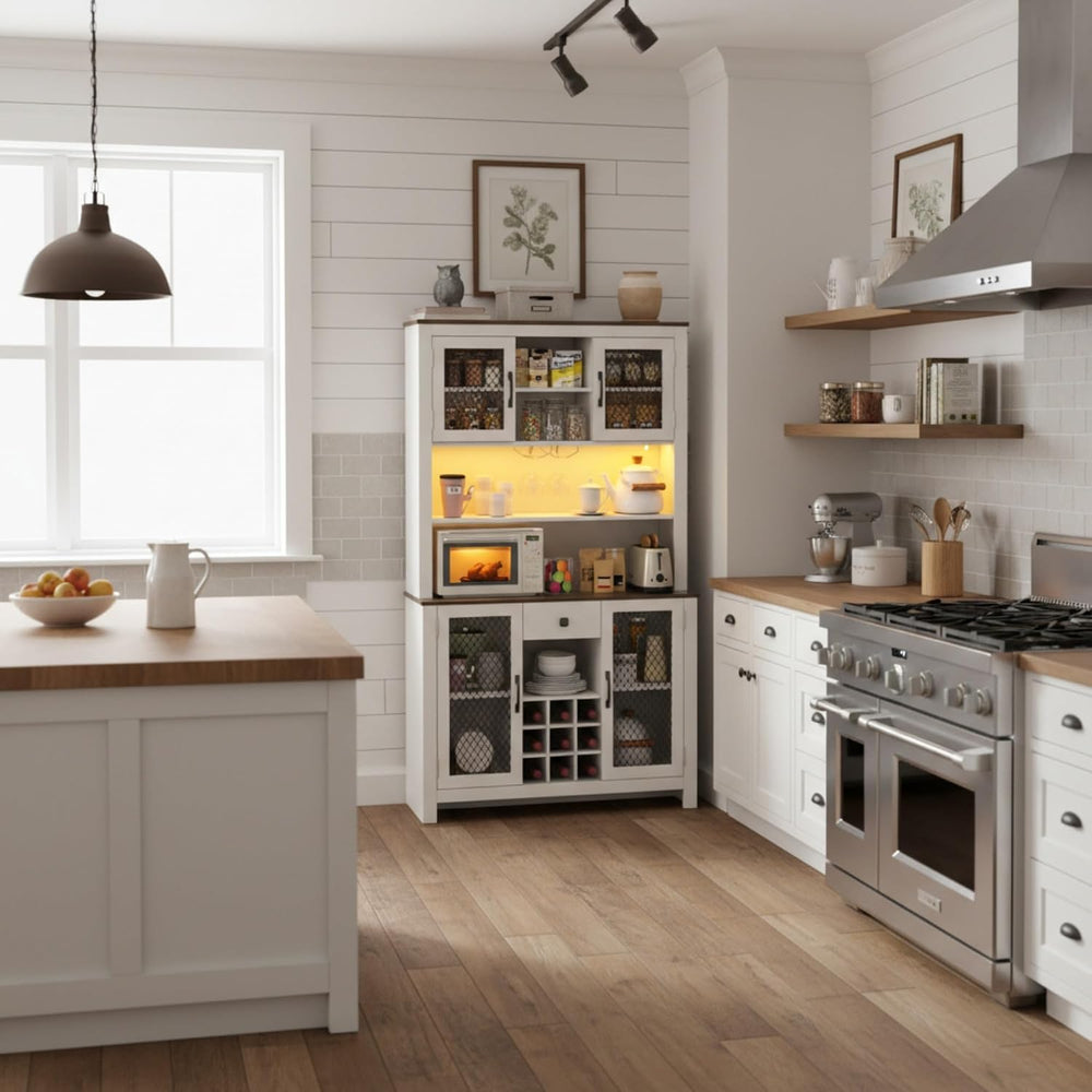 Homy Casa 71" Tall Pantry Cabinet with Hutch 47.1" Wide Buffet Side...