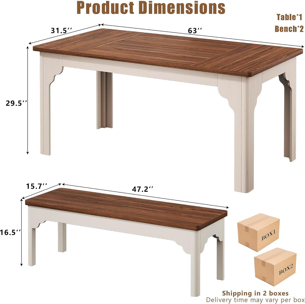 HUAHUU 63" Farmhouse Dining Table Set for 4-6, Kitchen Table with 2 Benc...