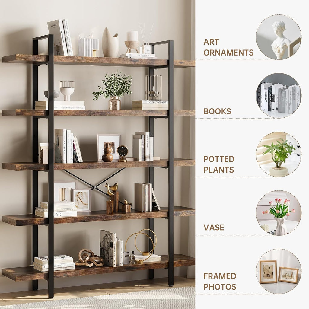 2PCS Heavy Duty 5 Tier Industrial Bookcase for Home Office, Rustic Brown | 47" Wide Wood Bookshelf,120 lbs Shelf Capacity, Rustic Open Shelving Display,3CM Upgraded Thicken Board,Easy to Assemble