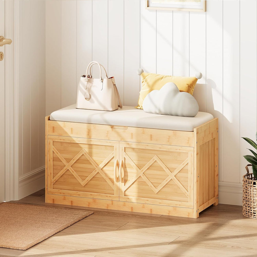 HOOBRO Shoe Bench, Shoe Storage Bench with Cushion, Bamboo Entryway Bench wit...