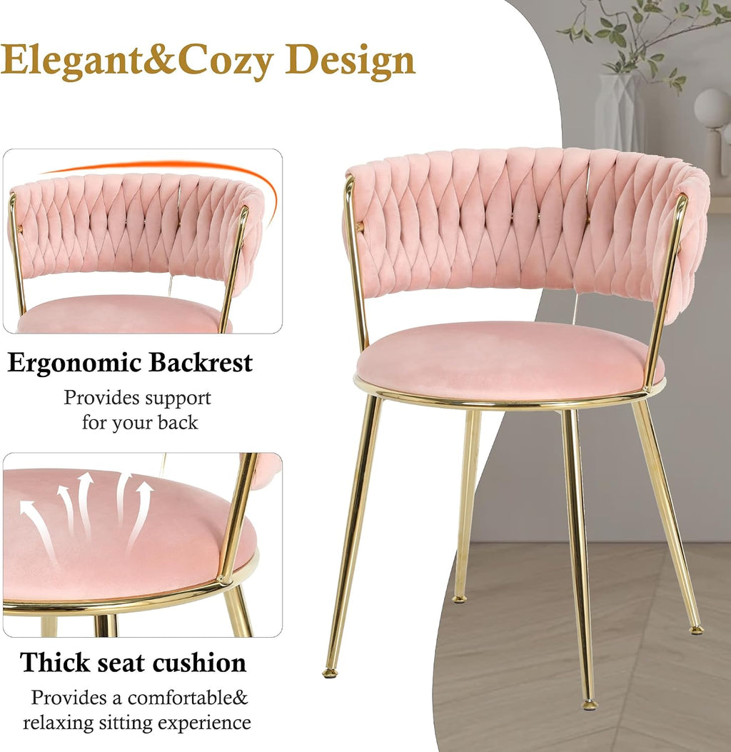 Round Glass Dining Table Set for 4, 36'' Small Circle Glass Kitchen Table with 4 Luxury Pink Gold Velvet Dining Chairs, 5-Piece Dining Room Table Set for Small Place(Gold Base)