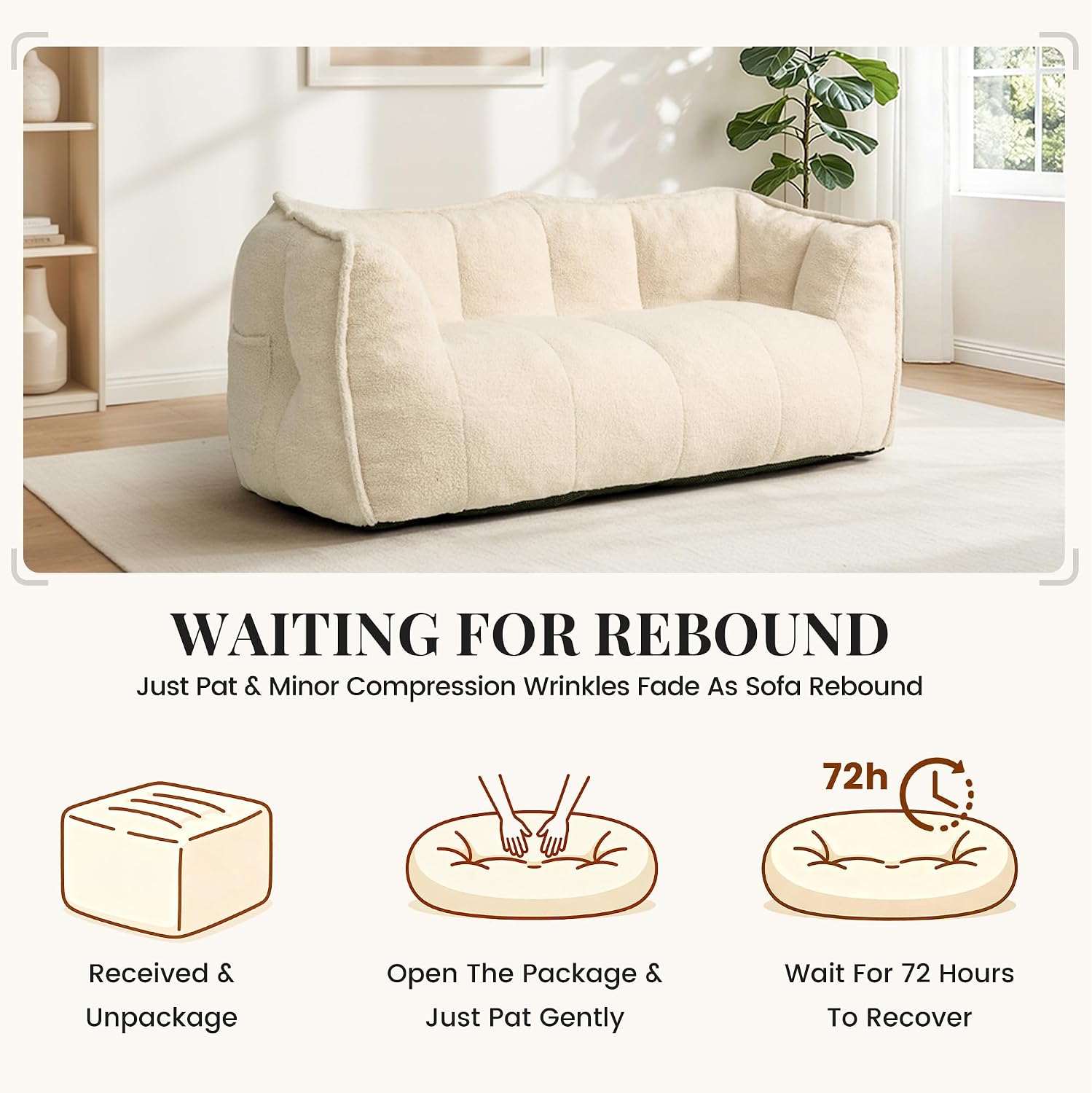 Pamapic 59" Teddy Fabric Bean Bag Chair, 2 Seat Loveseat Sofa,Teddy Fabric Sofa Bed for Adults,Fit Living Room, Bedroom,Outdoor Spaces,Fluffy Comfort Washable Cover,72h Rebound,White