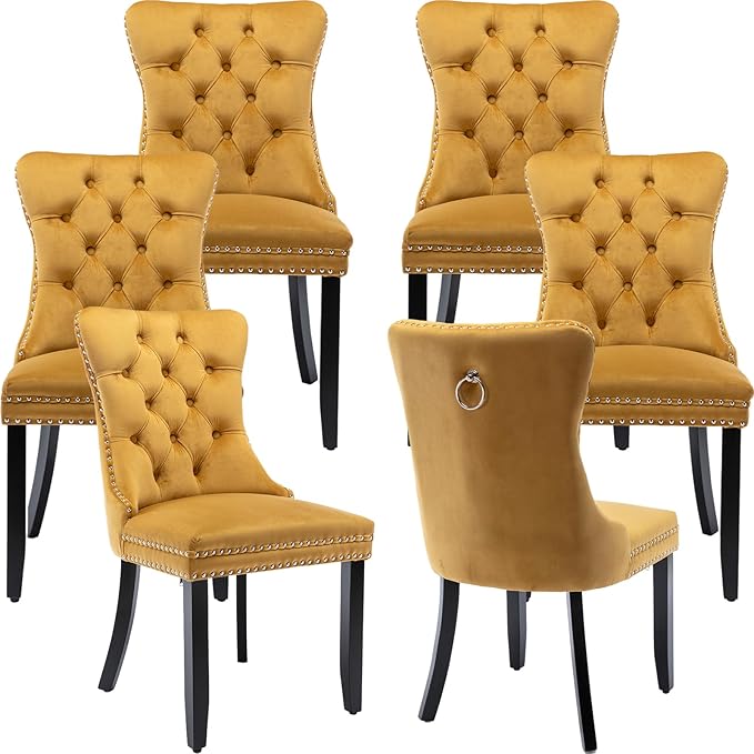 Modern Dining Chairs Set of 6, Tufted Upholstered Dining Chair with Solid Wood Legs, Yellow Velvet Accent Chair, Sillas de Comedor, 6 Dining Chairs (Gold, Velvet, 6Pcs)