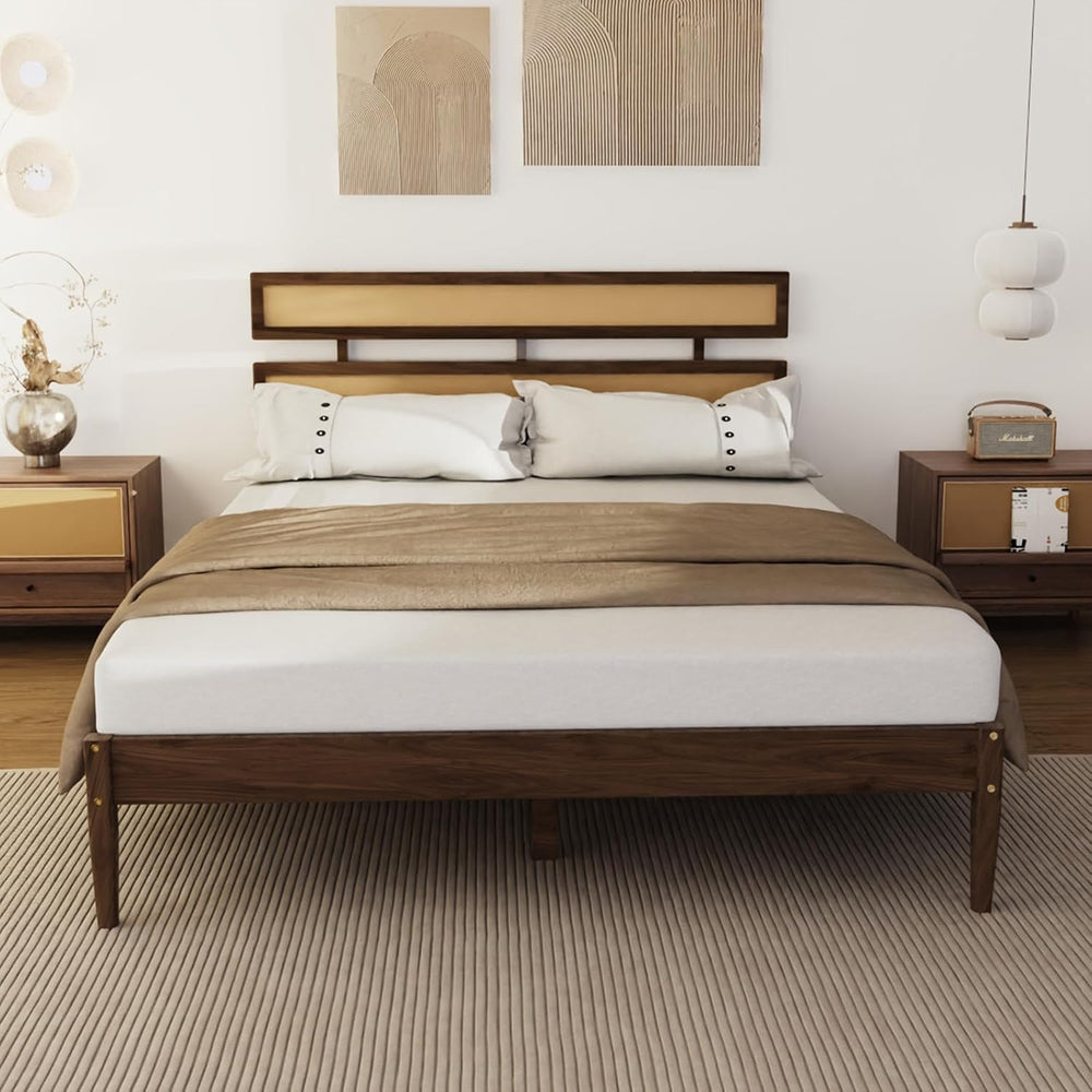 Karl home Bohemia Wood Bed Frame, Queen Size Platform Bed, Walnut Brown