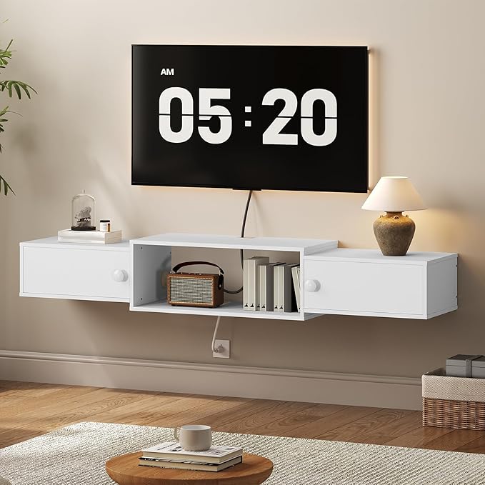 HOOBRO 55" Floating TV Stand with Power Outlet, Modern Wall Mounted Medi...