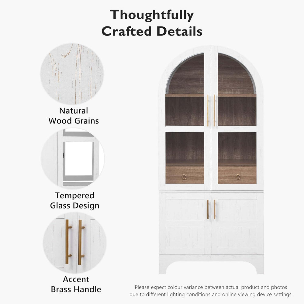 71" Tall Arched Cabinet with Glass Doors, Farmhouse Kitchen Storage Cabi...