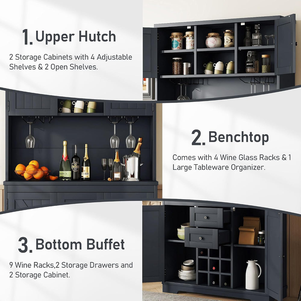 Farmhouse Kitchen Buffet Cabinet with Storage, Dark Blue Food Pantry Organize...