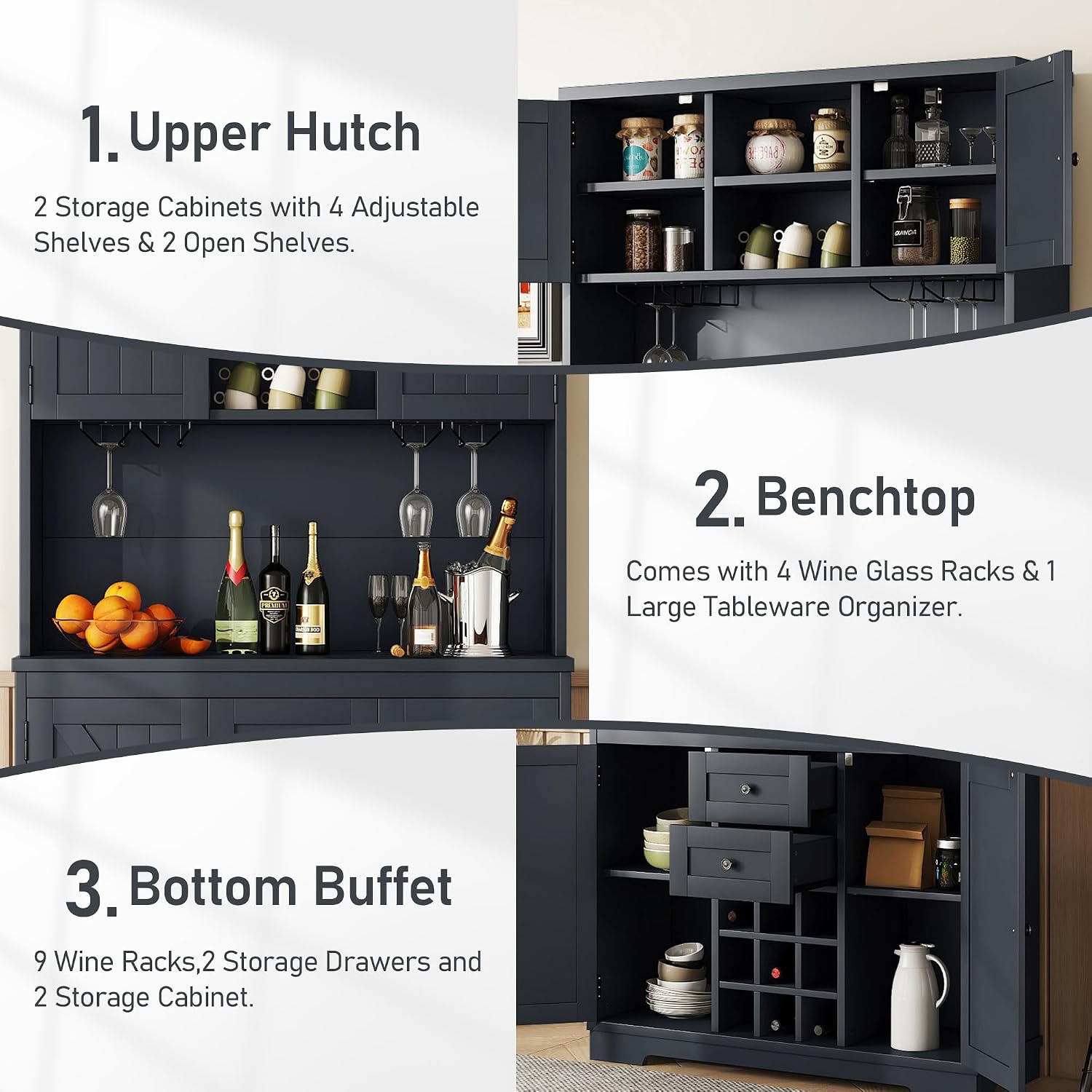 Farmhouse Kitchen Buffet Cabinet with Storage, Dark Blue Food Pantry Organizer with Wine Racks, Glass Shelves & Drawers for Dining Room